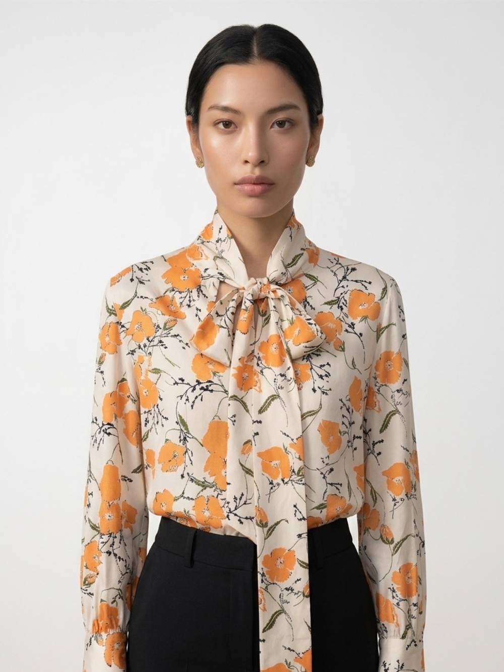 Hawes & Curtis Orange Pussybow Tie Neck satin Floral Poppy Blouse Top Size small